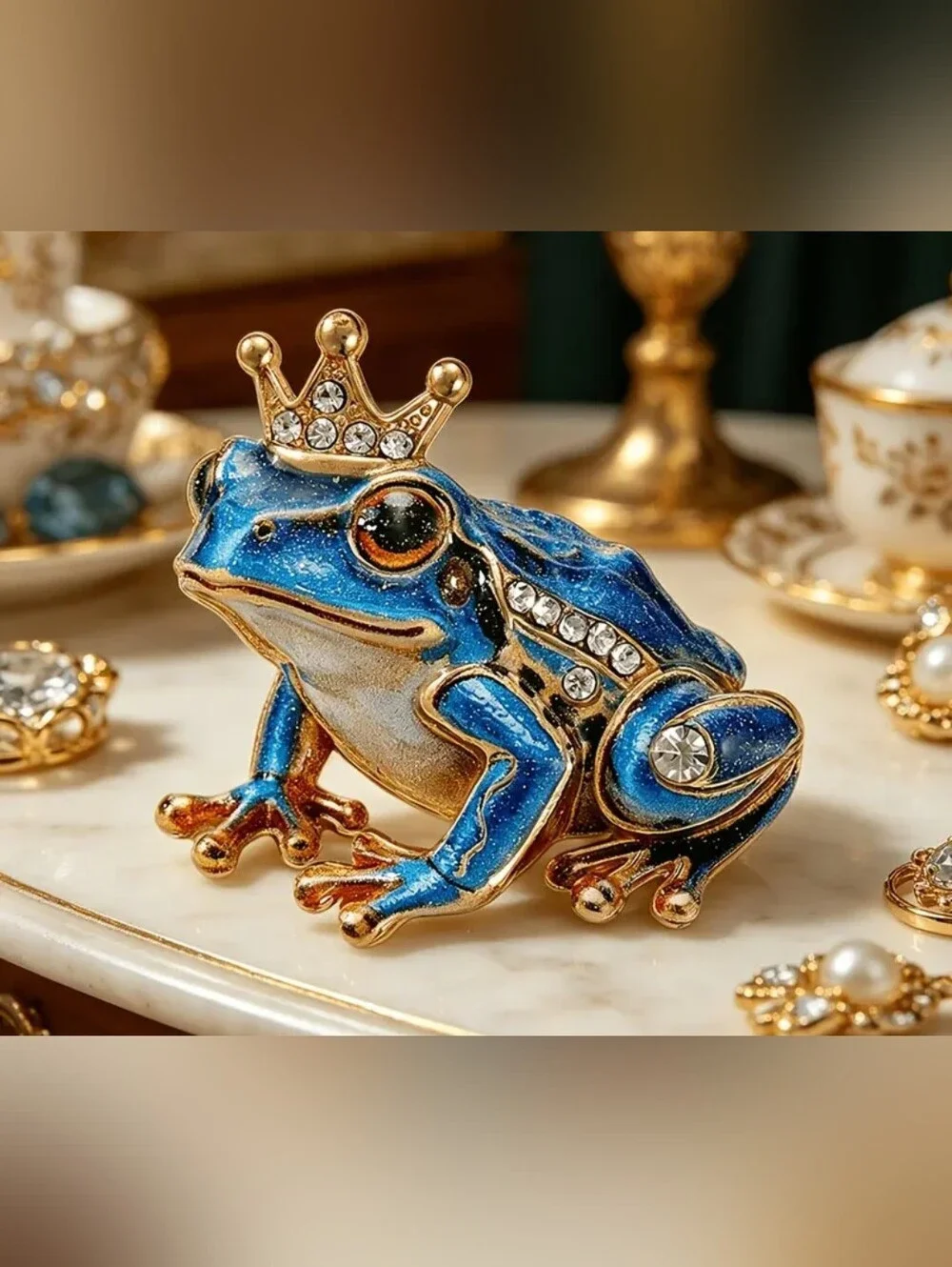 Blue Jeweled Frog Brooch with Gold Accents